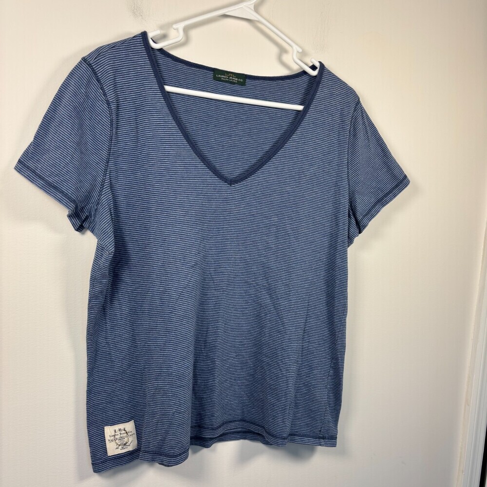 LRL LAUREN JEANS CO Blue Striped V-Neck Tee Womens M Stretch Short Sleeve